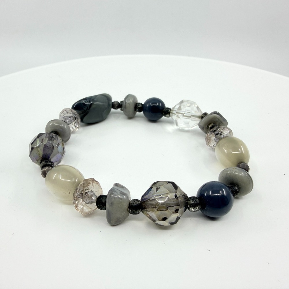 Vintage Gray Agate Beaded Stretch Bracelet - Retro Boho Earthy Style